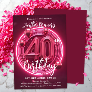 Convites Aniversário de 40 anos de Neon Rosa Vibrante com B