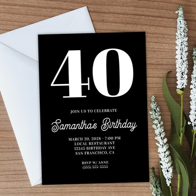 Convites Aniversário de 40 anos de Números Grande Preto e B (Create your own bold number birthday invitation.)