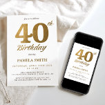 Convites Aniversário de 40 anos de ouro elegante e clássico<br><div class="desc">O convite moderno para comemoração de 40 anos apresenta um design com elementos minimalistas e clássicos. O efeito de folha de ouro dá ao design mais luxuoso estilo define o tom perfeito para esta ocasião marco, que é aplicável idealmente para convidar seus convidados para o evento e a festa. O...</div>