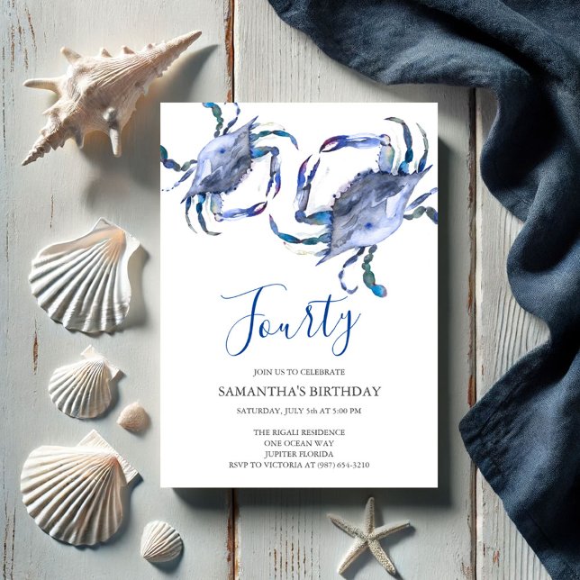 Convites Aniversário de 40 anos de Praia Invoca Caranguejo (40th birthday invitations watercolor blue crab art by Victoria Grigaliunas of Do Tell A Belle)