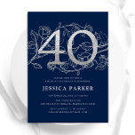 Convites Aniversário de 40 anos de Prata Azul Elegante do M<br><div class="desc">Convite de festas marinho azul-prateado Elegante. Design feminina moderna personalizável,  com sotaques botânicos rosas e prata brilhante fraca. Simples cartão de convite floral perfeito para uma comemoração de um na moda. Personalize com seus próprios detalhes. Impressos convites Zazzle ou modelo de impressão digital instantânea para download.</div>