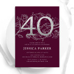 Convites Aniversário de 40 anos de Prata Borgonha Elegante<br><div class="desc">Elegante convite de festas de aniversário de 40 anos de prata burgata. Design feminina moderna personalizável, com sotaques botânicos rosas e prata brilhante fraca. Simples cartão de convite floral perfeito para uma comemoração de um na moda. Personalize com seus próprios detalhes. Impressos convites Zazzle ou modelo de impressão digital instantânea...</div>