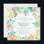 Convites Aniversário de 40 anos de Quadrado Floral de Water<br><div class="desc">Novo para o Verão de 2024. A cor da água floral de Verão moderna e colorida apresenta flores cor-de-rosa, azuis-turquesa, amarelas e laranja. Eles formam uma estrutura botânica, rústica e bófia em torno de seus detalhes de festa de aniversário. Este item faz parte da coleção de Flores de Aquarela de...</div>