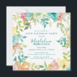 Convites Aniversário de 40 anos de Quadrado Floral de Water<br><div class="desc">Novo para o Verão de 2024. A cor da água floral de Verão moderna e colorida apresenta flores cor-de-rosa, azuis-turquesa, amarelas e laranja. Eles formam uma estrutura botânica, rústica e bófia em torno de seus detalhes de festa de aniversário. Este item faz parte da coleção de Flores de Aquarela de...</div>