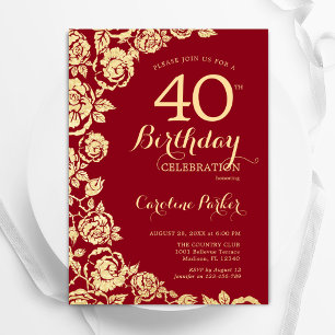 Convites Aniversário de 40 anos de Rosas Dourados Elegante