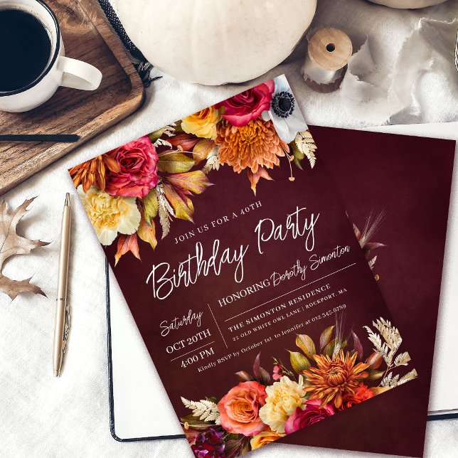 Convites Aniversário de 40 anos de Script Chic de Flores de (Colorful 40th birthday party invitation. Earth colors make it perfect for a fall celebration. )