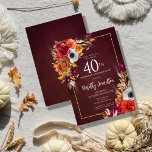 Convites Aniversário de 40 anos de Script Elegante de Flore<br><div class="desc">Lindas flores de outono decoram dois cantos de um quadro de ouro. Rosas vermelhas,  flores de terracotta e peões brancos misturam-se com folhas verdes e folhagem. As flores e o pop branco moderno contra o fundo vermelho burgundy. Este item faz parte da coleção Flores de Quedas de Borgonha.</div>
