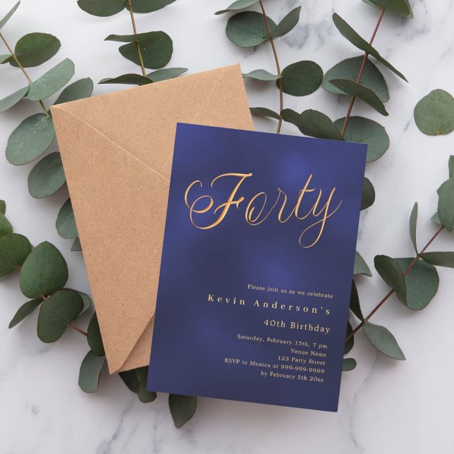 Convites aniversário de 40 anos de script ouro azul marinho (Criador carregado)