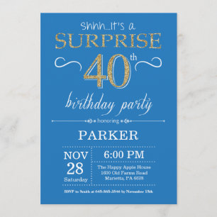 Convites Aniversário de 40 anos de surpresa azul e Dourado