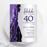 Convites Aniversário de 40 anos de Surpresa de Agato Puro d<br><div class="desc">Roxo e prata agam aniversário de 40 anos convite de festas surpresa. Elegante design moderno com aquarela agate marble geode background, faux glitter prata e tipografia. Trendy convida o cartão perfeito para uma comemoração de dia das mulheres na moda. Impressos convites Zazzle ou modelo de impressão digital instantânea para download....</div>