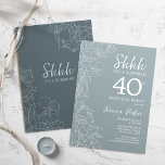 Convites Aniversário de 40 anos de Surpresa de Azul de Aço<br><div class="desc">Marinho simples e convite de festas azul-surpresa cinza. Design minimalista moderno na ardente azul empoeirado com sotaque botânico e letra tipográfica. A floral feminina branca e azul de aço convida o cartão perfeito para uma festa surpresa das mulheres na moda. Pode ser personalizado para qualquer idade.</div>