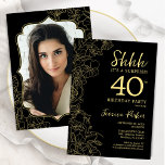 Convites Aniversário de 40 anos de Surpresa de Foto Dourada<br><div class="desc">Convite de festas Elegante de aniversário de 40 anos de surpresa preto e dourado com sua foto na parte traseira da placa. A moderna design feminina moderna tem sotaques botânicos e letra de script de tipografia. Simples cartão de convite floral perfeito para uma festa surpresa na moda. Pode ser personalizado...</div>