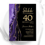 Convites Aniversário de 40 anos de Surpresa Dourada de Agat<br><div class="desc">Convite de festas de aniversário de 40 anos surpresas roxo, preto e dourado. Elegante design moderno com aquarela agate marble geode background, faux glitter gold e typografia script font. Trendy convida o cartão perfeito para uma comemoração de dia das mulheres na moda. Impressos convites Zazzle ou modelo de impressão digital...</div>