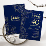 Convites aniversário de 40 anos de Surpresa Dourada do mari<br><div class="desc">Convite para aniversário de 40 anos de Surpresa Dourada do marinho. A design feminina moderna minimalista apresenta sotaques botânicos e letra de script de tipografia. Simples cartão de convite floral perfeito para uma festa surpresa na moda.</div>