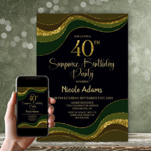 Convites Aniversário de 40 anos de Surpresa Dourada Verde P
