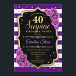 Convites Aniversário de 40 anos de surpresa - Dourado roxo<br><div class="desc">Convite para aniversário de 40 anos surpresa. Design de ouro roxo feminino com ouro brilhante falso. Apresenta faixas,  rosas roxos,  fontes de script e confetti. Perfeito para uma bolsa mensageifesta de aniversario elegante. Pode ser personalizado para mostrar qualquer idade. Envie-me uma mensagem se precisar de mais personalização.</div>