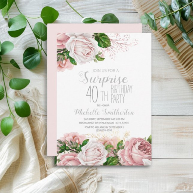 Convites Aniversário de 40 anos de Surpresa Floral Rosa Blu (Elegant pink vintage floral surprise 40th birthday party invitation)