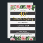 Convites aniversário de 40 anos de Surpresa Mulheres com Co<br><div class="desc">Convite para aniversário de 40 anos surpresa para mulheres. Convidar Festa de aniversário Preta e Dourada. Dourada Glitter. Flor Floral Cor de Água Rosa. Black and White Stripes. Digital Imprimível.
Para mais personalização,  clique no botão "Personalizar" e use a ferramenta design para modificar este modelo.</div>