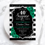 Convites Aniversário de 40 anos de Surpresa Negra Verde<br><div class="desc">Convite de festas de aniversário de 30 anos surpresa. Design verde feminino preto, branco e esmeralda com prata brilhante falso. Apresenta faixas pretas e brancas, rosas, fontes de script e confetti. Perfeito para uma elegante comemoração de aniversário feminina. Pode ser personalizado para mostrar qualquer idade. Impressos convites Zazzle ou modelo...</div>