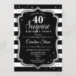 Convites Aniversário de 40 anos de surpresa - Prata branca<br><div class="desc">Convite para aniversário de 40 anos surpresa. Design clássico com faixas pretas e brancas,  fonte de script e prata brilhante. Perfeito para uma bolsa mensageifesta de aniversario elegante. Pode ser personalizado para mostrar qualquer idade. Envie-me uma mensagem se precisar de mais personalização.</div>