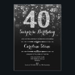 Convites Aniversário de 40 anos de surpresa - Prata preta<br><div class="desc">Convite para aniversário de 40 anos surpresa. Design branco preto elegante com prata brilhante falso. Aniversário adulto. Apresenta diamantes e fontes de script. Convidado para homens ou mulheres no dia. Perfeito para uma festa de aniversário na moda. Envie-me uma mensagem se precisar de mais personalização.</div>