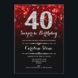 Convites Aniversário de 40 anos de Surpresa - Prata Vermelh<br><div class="desc">Convite para aniversário de 40 anos surpresa. Design vermelho preto elegante com prata brilhante. Aniversário adulto. Apresenta diamantes,  luzes de boque e fontes de script. Homens ou mulheres convidam no dia. Perfeito para uma festa de aniversário na moda. Envie-me uma mensagem se precisar de mais personalização.</div>