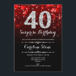 Convites Aniversário de 40 anos de Surpresa - Prata Vermelh<br><div class="desc">Convite para aniversário de 40 anos surpresa. Design vermelho preto elegante com prata brilhante. Aniversário adulto. Apresenta diamantes,  luzes de boque e fontes de script. Homens ou mulheres convidam no dia. Perfeito para uma festa de aniversário na moda. Envie-me uma mensagem se precisar de mais personalização.</div>