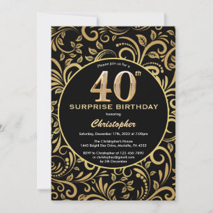 Convites Aniversário de 40 anos de surpresa preto e Dourado