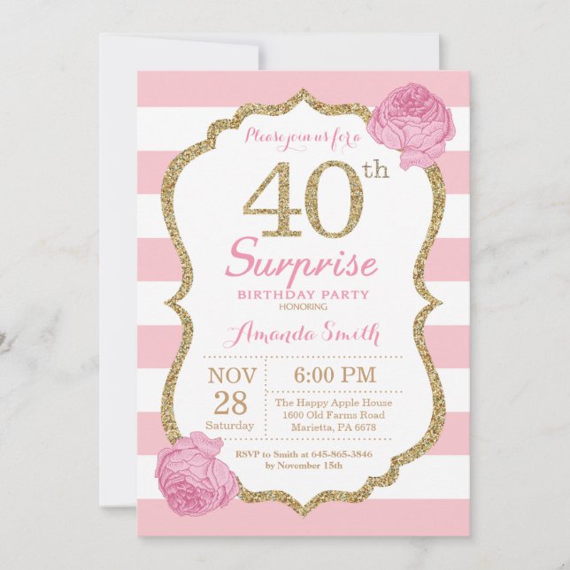 Convites Aniversário de 40 anos de surpresa rosa e Dourado (Frente)