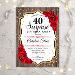 Convites Aniversário de 40 anos de surpresa - Rosas vermelh<br><div class="desc">Convite para aniversário de 40 anos surpresa. Design feminino rústico com ouro brilhante falso. Apresenta padrão de madeira,  rosas vermelhas,  fonte de script e confetti. Perfeito para uma bolsa mensageifesta de aniversario elegante. Pode ser personalizado para mostrar qualquer idade. Envie-me uma mensagem se precisar de mais personalização.</div>