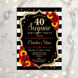 Convites Aniversário de 40 anos de surpresa - Rosas vermelh<br><div class="desc">Convite para aniversário de 40 anos surpresa. Design preto,  branco e vermelho feminino com ouro brilhante falso. Apresenta faixas,  girassóis,  fontes de script e confetti. Perfeito para uma bolsa mensageifesta de aniversario elegante. Pode ser personalizado para mostrar qualquer idade. Envie-me uma mensagem se precisar de mais personalização.</div>
