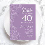 Convites Aniversário de 40 anos de Surpresa - Roxo Floral<br><div class="desc">Convite para aniversário de 40 anos de Surpresa Floral Purple. A design feminina moderna minimalista apresenta sotaques botânicos e letra de script de tipografia. Simples cartão de convite floral perfeito para uma festa surpresa na moda.</div>