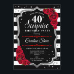Convites Aniversário de 40 anos de surpresa - Vermelho bran<br><div class="desc">Convite para aniversário de 40 anos surpresa. Design branco,  preto feminino,  vermelho com prata brilhante. Apresenta faixas pretas e brancas,  rosas vermelhas,  fontes de script e confetti. Perfeito para uma bolsa mensageifesta de aniversario elegante. Pode ser personalizado para mostrar qualquer idade. Envie-me uma mensagem se precisar de mais personalização.</div>