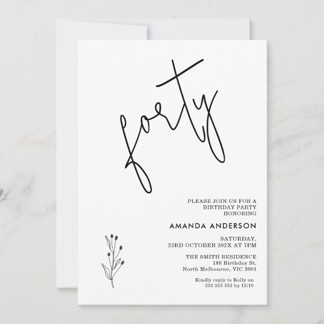 Convites Aniversário de 40 anos de Texto da Caligrafia Negr (Frente)