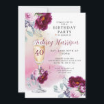 Convites aniversário de 40 anos de Vidro de Champagne Anive<br><div class="desc">Um elegante convite para aniversário de 40 anos de na moda com um vidro de champanhe floral,  florais cor-de-rosa e burgundy,  e um fundo de lavagem de aquarelas em tons cor-de-rosa,  com um nome de assinatura de script elegante. Na moda e moderno. Festa de champanhe de aniversário.</div>