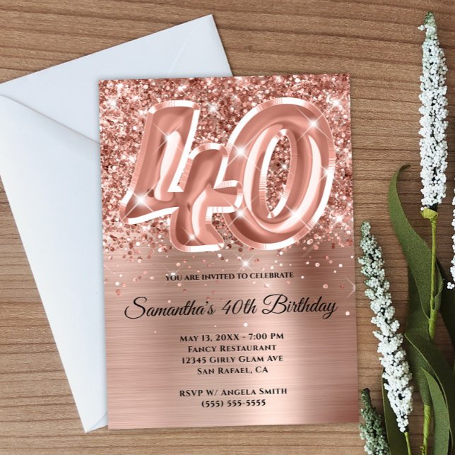 Convites Aniversário de 40 anos de vidro Dourado brilhante  (Create your own rose gold 40th birthday invitation.)