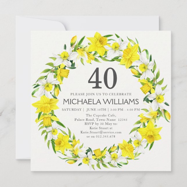 Convites Aniversário de 40 anos de Wreath White Daffodils A (Frente)