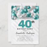 Convites Aniversário de 40 anos do balão de prata verde-alt<br><div class="desc">Glam Moderno Verde Verde Silver Balão Brilhante Glitter Qualquer Convite De Aniversário De Idade</div>