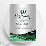 Convites Aniversário de 40 anos do Emerald Green Silver Aga<br><div class="desc">Emerald Green e aniversário de 40 anos convite de festas prateado. Elegante design moderno com aquarela agate marble geode background,  faux glitter prata e tipografia. Trendy convida o cartão perfeito para uma comemoração de dia das mulheres na moda. Impressos convites Zazzle ou modelo de impressão digital instantânea para download.</div>