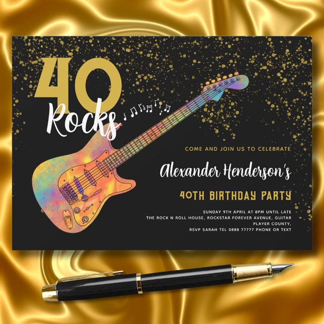 Convites aniversário de 40 anos do Partido 40 Rochas Dourad (40 rocks black and gold glitter 40th birthday party invitation with colorful electric guitar)