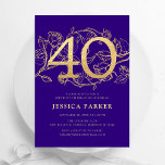 Convites Aniversário de 40 anos Dourada Elegante<br><div class="desc">Convite de festas de ouro roxo e elegante. Design feminina moderna personalizável,  com sotaques botânicos rosas e ouro brilhante falso. Simples cartão de convite floral perfeito para uma comemoração de um na moda. Personalize com seus próprios detalhes. Impressos convites Zazzle ou modelo de impressão digital instantânea para download.</div>