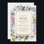 Convites Aniversário de 40 anos Dourada Floral Azul Elegant<br><div class="desc">Azul empoeirado e cor d'água púrpura convite de festas floral feminino com folhas verdes e um quadro de ouro. O texto é completamente personalizável,  portanto,  este cartão pode ser alterado para qualquer idade.</div>