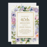 Convites Aniversário de 40 anos Dourada Floral Azul Elegant<br><div class="desc">Azul empoeirado e cor d'água púrpura convite de festas floral feminino com folhas verdes e um quadro de ouro. O texto é completamente personalizável,  portanto,  este cartão pode ser alterado para qualquer idade.</div>