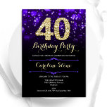 Convites Aniversário de 40 anos Dourada roxa<br><div class="desc">convite de festas aniversário de 40 anos. Design púrpura elegante com ouro brilhante. Apresenta na moda diamante, luzes e fontes de script. Homens ou mulheres convidam no dia. Perfeito para uma festa de aniversário adulta na moda. Personalize com seus próprios detalhes. Envie-me uma mensagem se precisar de mais personalização. Impressos...</div>