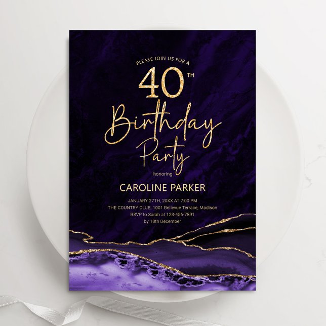 Convites Aniversário de 40 anos Dourado Agate Purple (Criador carregado)