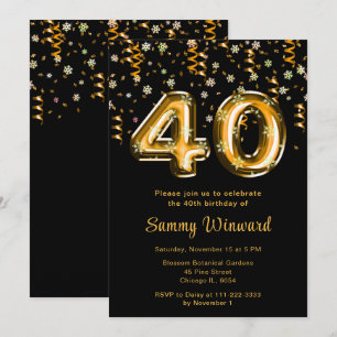 Convites aniversário de 40 anos Dourado Balões Snowflati Co