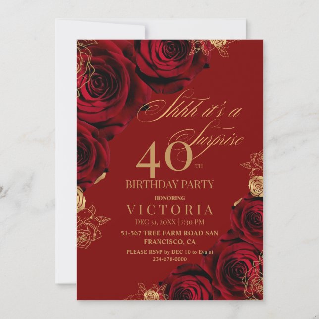 Convites aniversário de 40 anos Dourado de Rosas Surpresa (Frente)