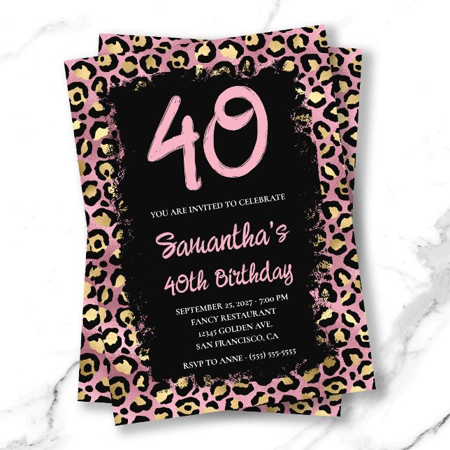 Convites Aniversário de 40 anos dourado e rosa com onça pin (Gold and Pink Leopard Painted Black 40th Birthday Invitation)