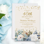 Convites Aniversário de 40 anos Dourado Floral Branco Azula<br><div class="desc">Rosas brancas e azuis empoeiradas,  aniversário de 40 anos floral e verde de mulheres com brilho dourado. Este convite é impresso em ambos os lados. Entre em contato comigo para obter assistência com suas personalizações ou para solicitar outros produtos Zazzle correspondentes ou coordenadores para o seu partido.</div>