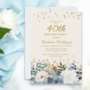 Convites Aniversário de 40 anos Dourado Floral Branco Azula